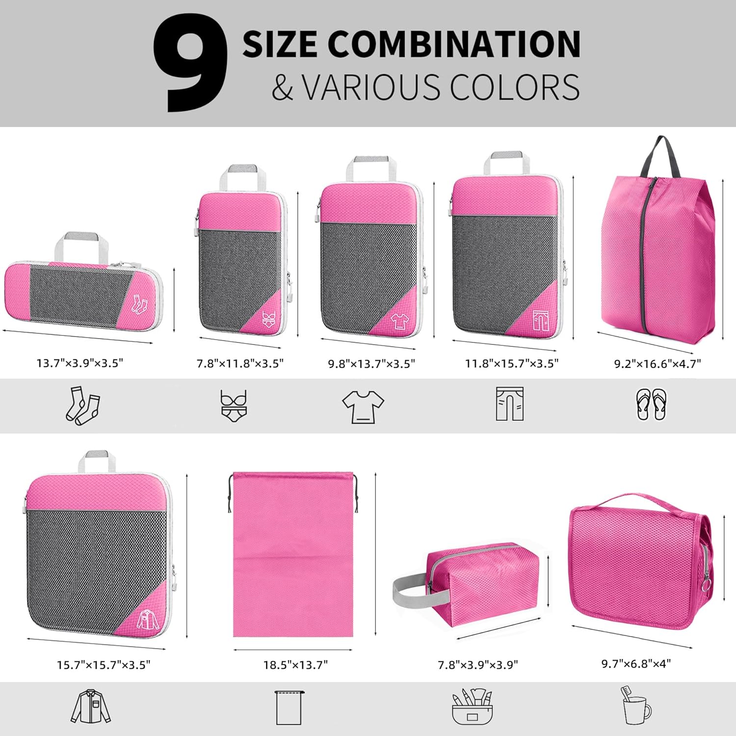 9-Set Packing Cubes with Hanging Bag | 9-Size Combination, Mesh Fabric & Reflective Stripe | Travel Luggage Organizers (Pink) - Image 2