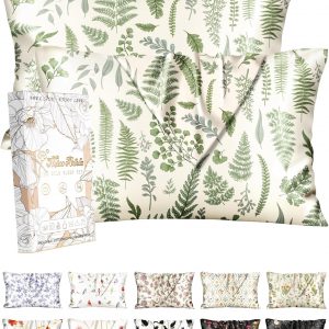 Miss Adola 2 Pack Silk Pillowcase – 20×30 Inch Queen Size Silk Pillow Case with Hidden Zipper for Women Lady Smooth Soft Breathable Cute Design Pillowcase for Hair and Skin, Green Leaf