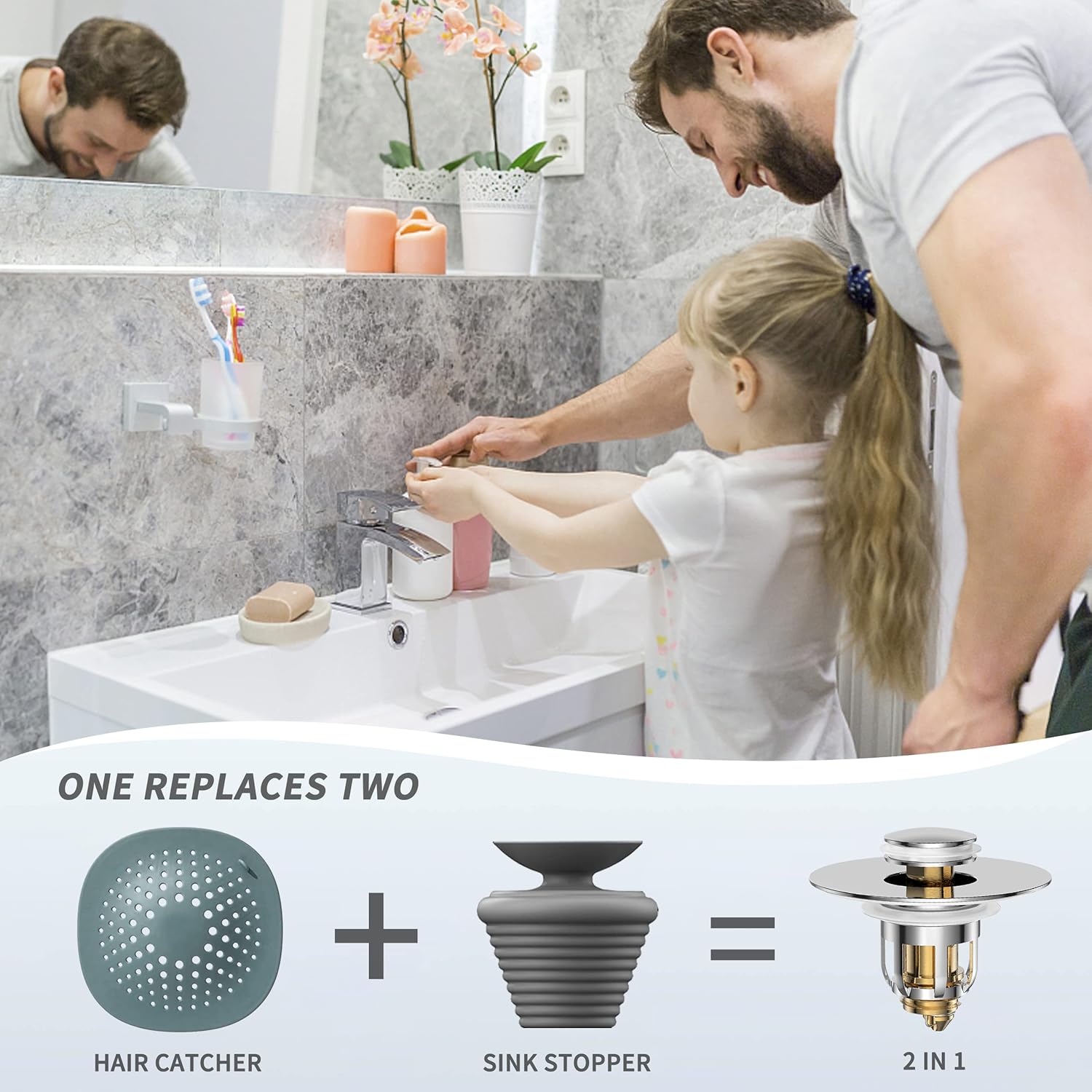 Universal 2 in 1 Bathroom Sink Stopper, Pop Up Bathroom Sink Drain Strainer with Anti-Clogging Filter Basket, Bathroom Drain Stopper Sink Plug for 1.06"-1.65" Basin Drain Holes - Image 5