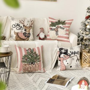 AVOIN colorlife Pink Christmas Snowman Reindeer Gloves Eucalyptus Throw Pillow Covers, 20 x 20 Inch Winter Holiday Stripes Cushion Case Decoration for Sofa Couch Set of 4