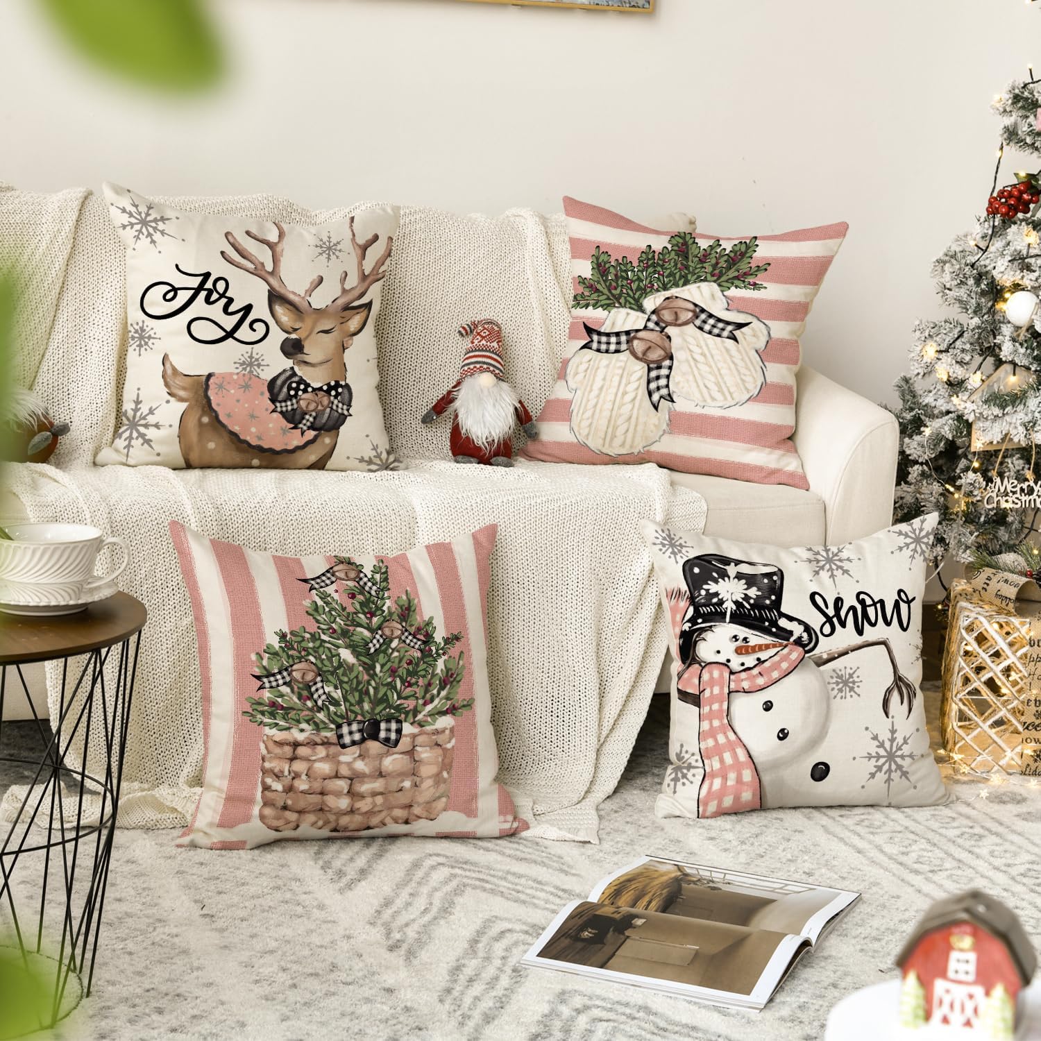 AVOIN colorlife Pink Christmas Snowman Reindeer Gloves Eucalyptus Throw Pillow Covers, 20 x 20 Inch Winter Holiday Stripes Cushion Case Decoration for Sofa Couch Set of 4 - Image 2