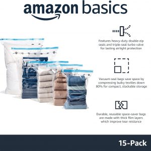 Amazon Basics Vacuum Compression Space Saving Storage Bags with Hand Pump for Clothes Packing, Pack of 15, Multiple Sizes, White