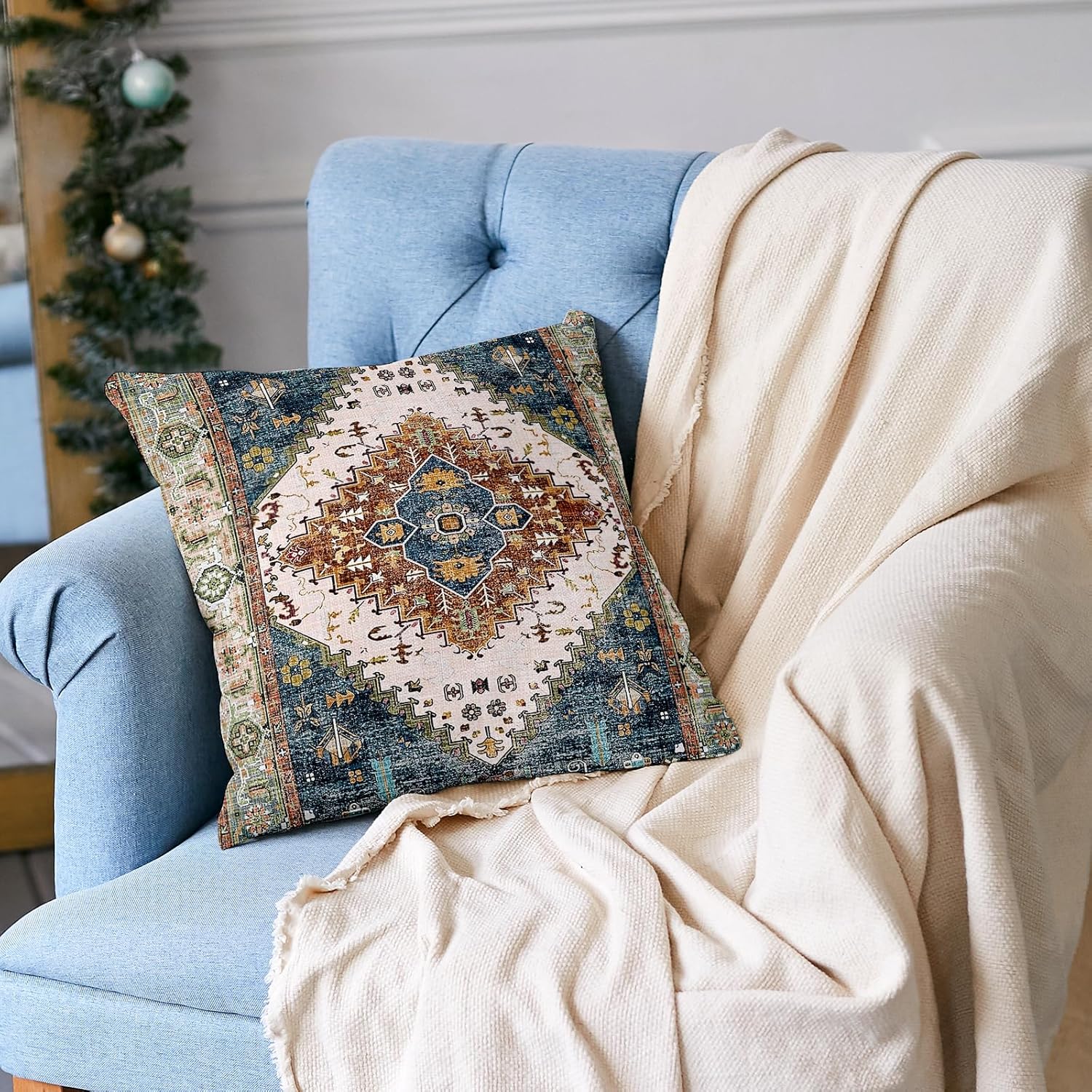 ZSYTZL Boho Throw Pillow Covers 26x26 inch Set of 2,Soft Pillowcases Bohemia Carpet Pattern Decorative Sofa Living Room Bed Square Pillow Case Cushion Cover-Blue Green - Image 4