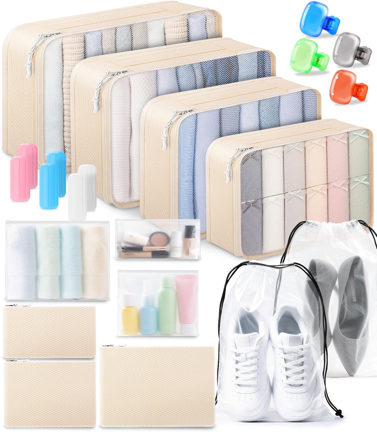 All-in-One 22 Pcs Packing Cubes for Travel Essentials –Includes Cubes,toothbrush covers,Silicone Bottle Cover,zipper bags, Matte Cosmetic Bag, Drawstring bag for Carry-On & Suitcase