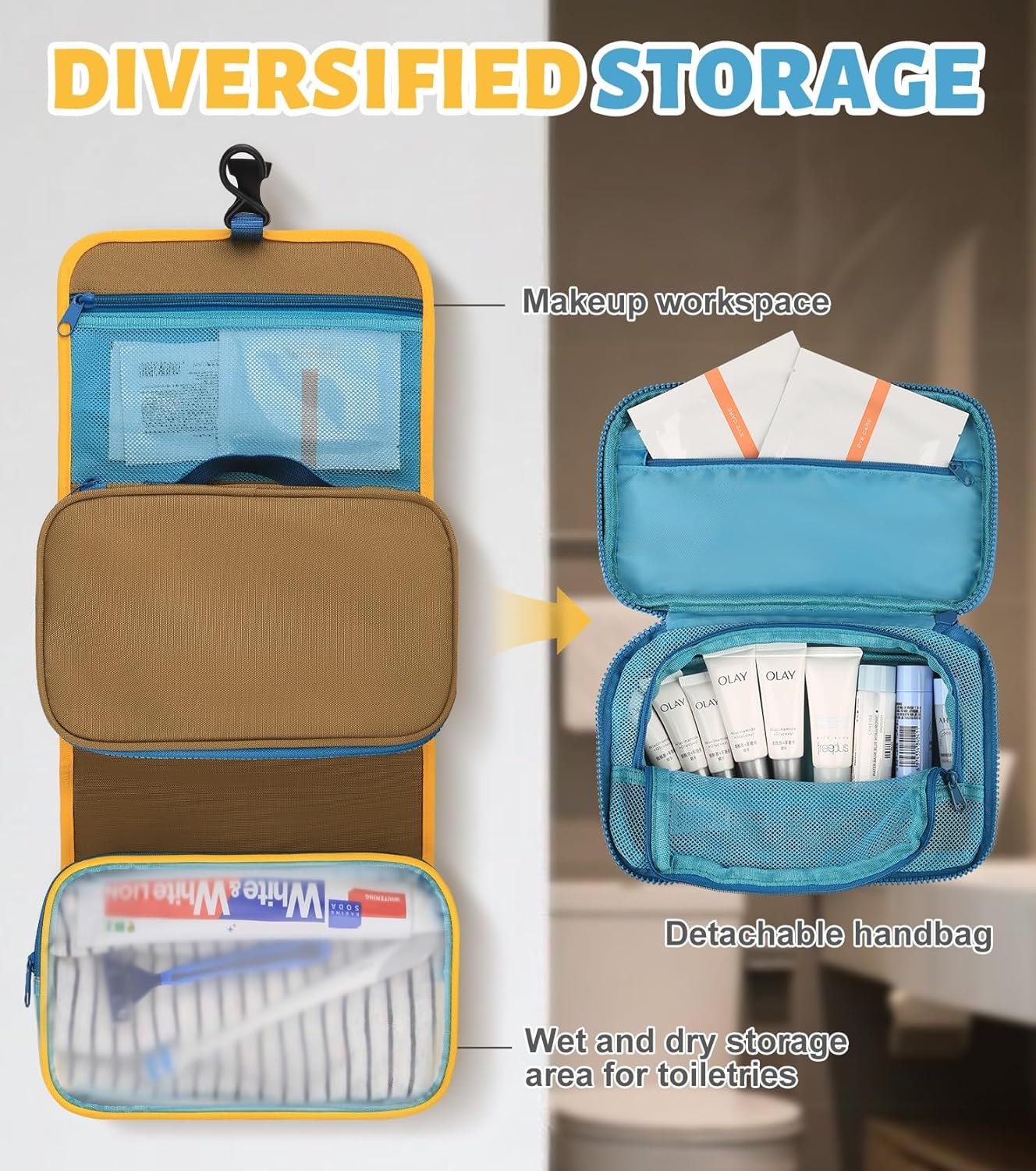 2025 New ! Large-Capacity Foldable travel toiletry bag - Multi-Functional Detachable hanging toiletry bag, Portable Compact hanging travel toiletry bag (Dune Yellow) - Image 4