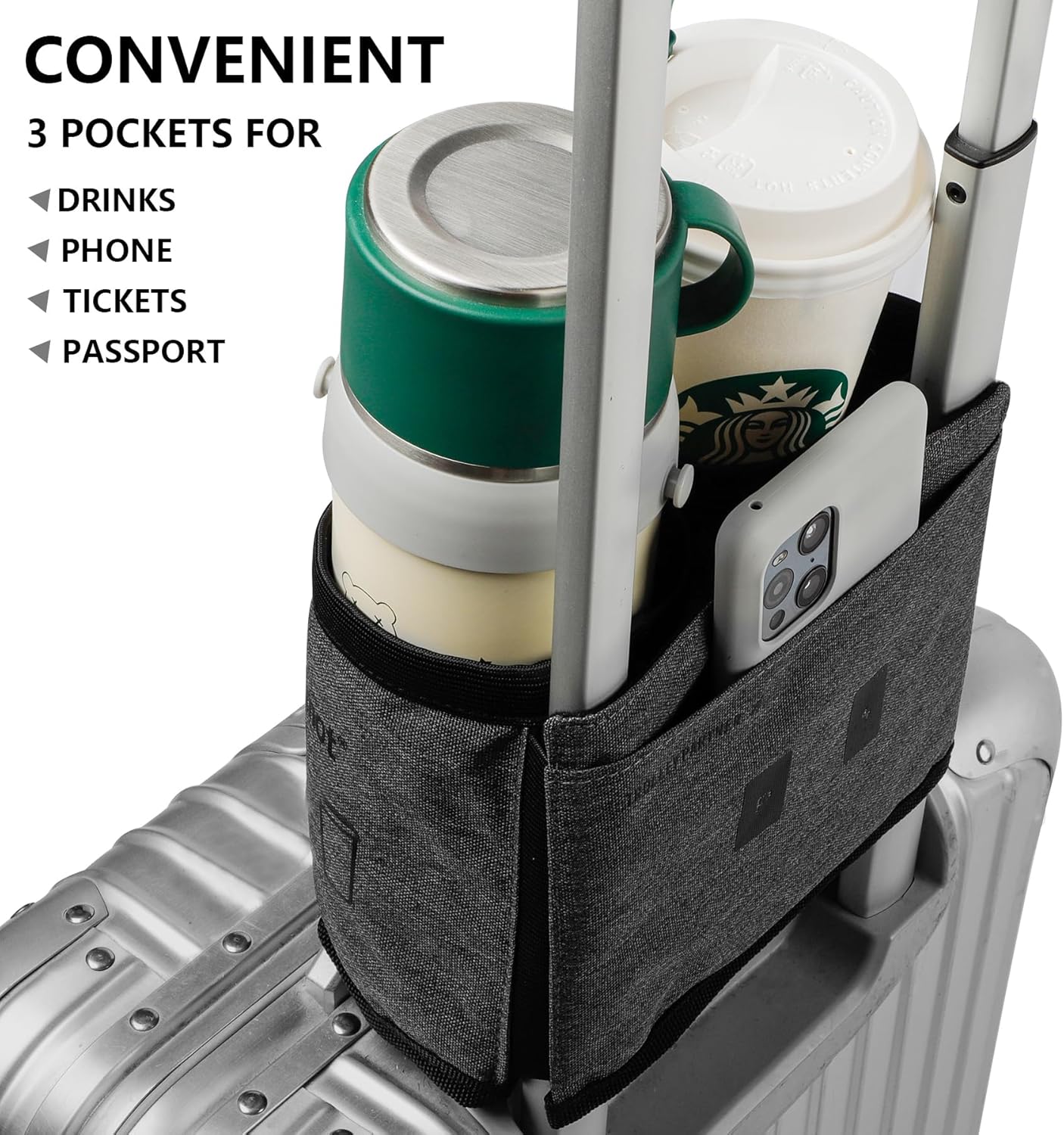 riemot Luggage Travel Cup Holder Free Hand Drink Carrier - Hold Two Coffee Mugs - Fits Roll on Suitcase Handles - Gifts for Flight Attendants Travelers Accessories Carbon Black - Image 3