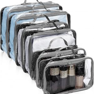 Hillban 6 Pcs Gray Large Clear Travel Packing Cube 3 Sizes See-through PVC Organizer for Suitcase Multipurpose Pouch with Handle Vinyl Zippered Storage Bags Luggage Cube Organizer