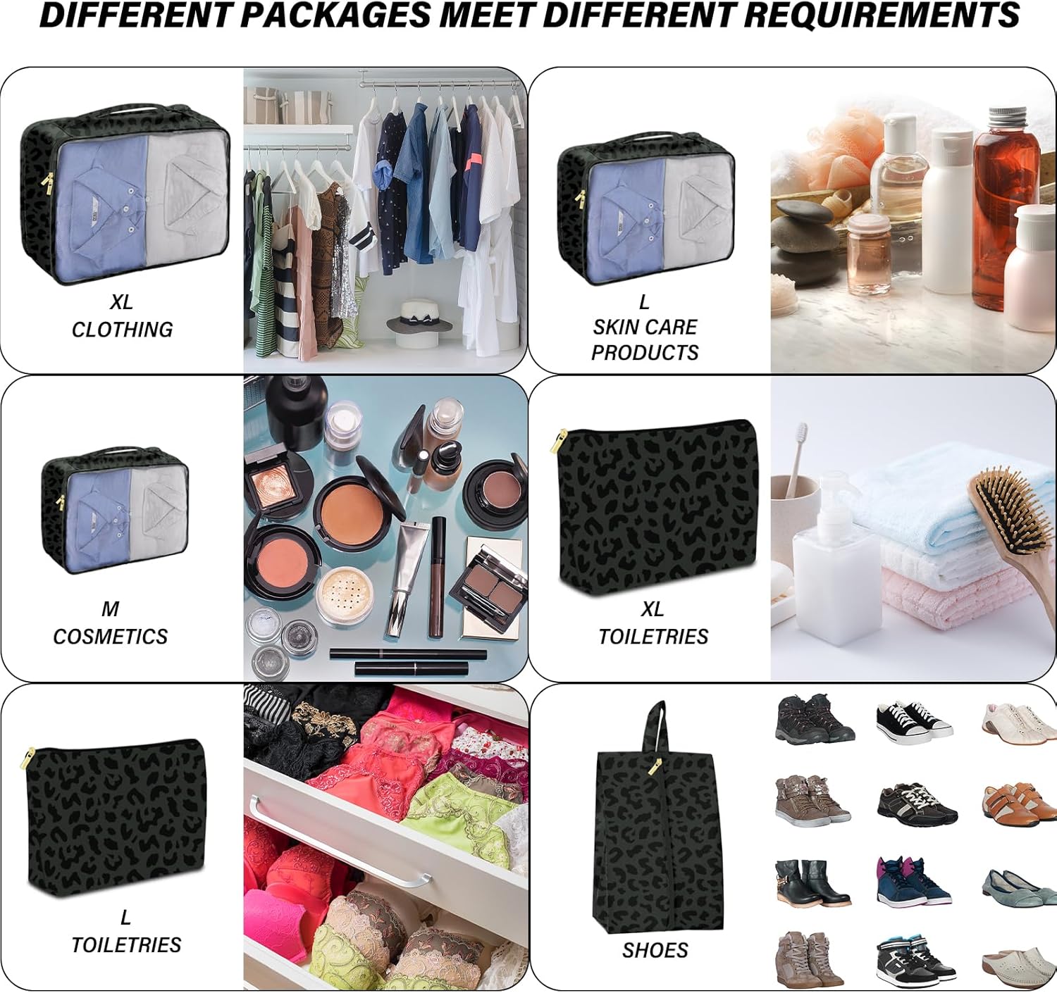 BHAHB 7 Set Packing Cubes Travel Luggage Organizers for Suitcase Travel Accessories with Shoe Bag for Women Girls Aesthetic Cute-Black Leopard Cheetah Pattern - Image 5