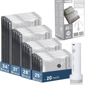 BlazeHold 20 Pack Travel Vacuum Storage Bags with Rechargeable Electric Pump, Compression Packing Seal Bag for Luggage, 5 Small + 5 Medium + 5 Large + 5 Jumbo Space Saver Bags for Clothing Travel