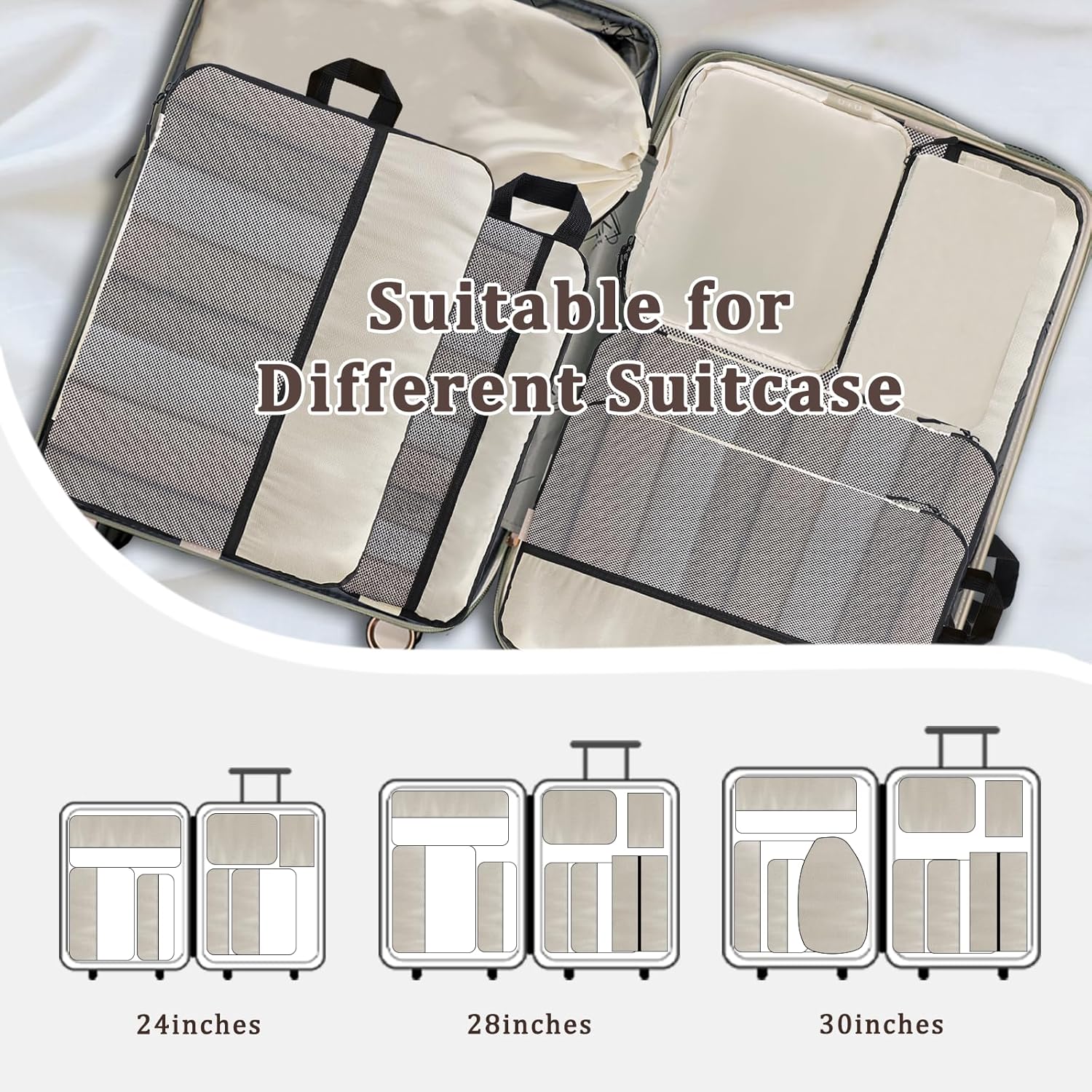 U+U 10 Set Compression Packing Cubes - Ultralight Cream Travel Organizers with Laundry Bag, Space-Saving Suitcase Organizer, Expandable Packing Cubes for Travel and Family Vacation (Cream) - Image 8