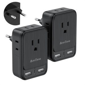 2 Pack European Travel Adapter, US to Europe Plug Adaptor with 4 Outlets 3 USB Charging Ports, Type C Power Adapter for USA to EU Euro Spain France Iceland Italy Germany Greece, Black
