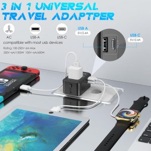 URJD Universal Travel Adapter with (Type C+USB) 2 USB Ports & AC Outlet, International Plug Adapter Converter, Type C/A/G/I All in One Wall Charger Worldwide Travel Adaptor for US to EU UK AUS Asia