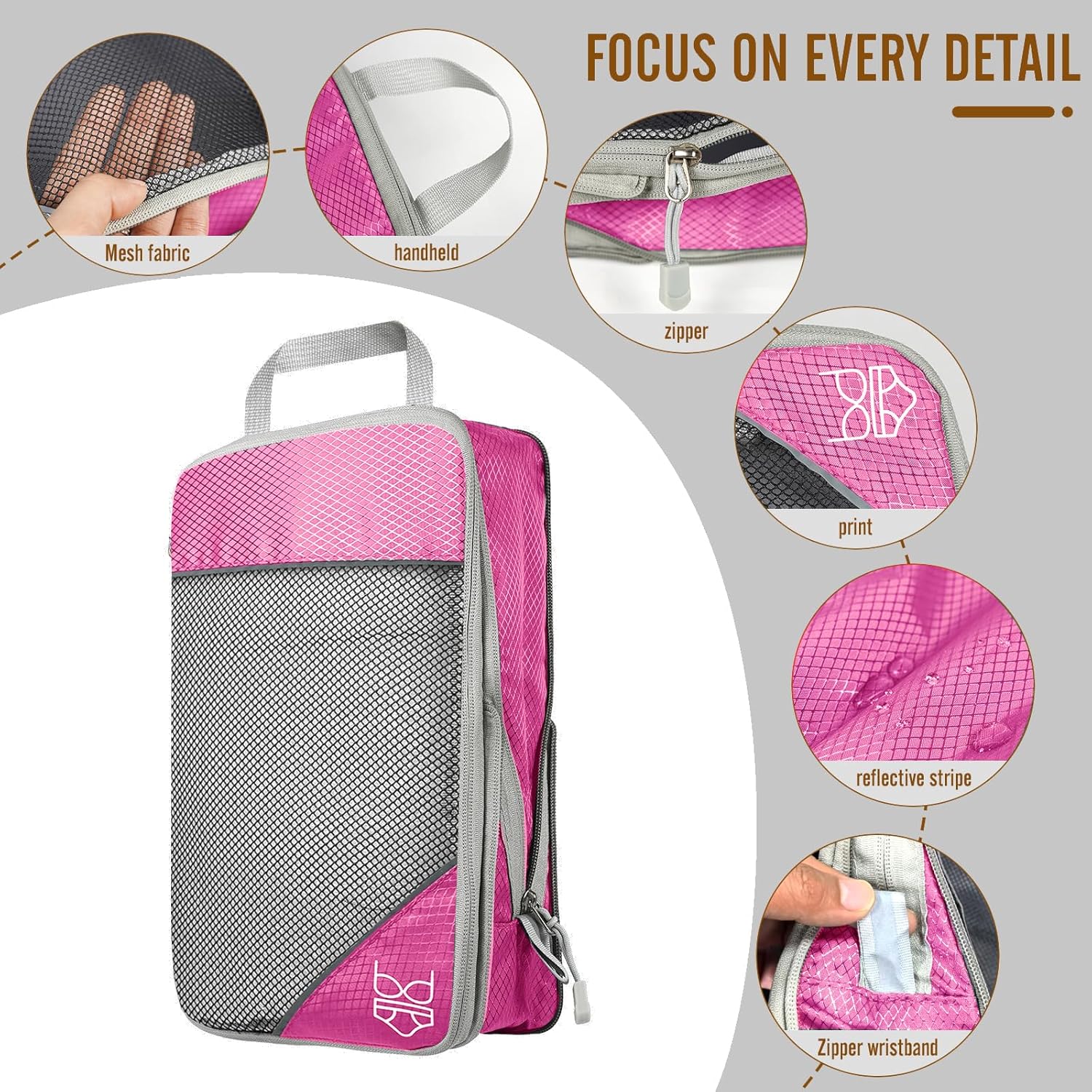 9-Set Packing Cubes with Hanging Bag | 9-Size Combination, Mesh Fabric & Reflective Stripe | Travel Luggage Organizers (Pink) - Image 3