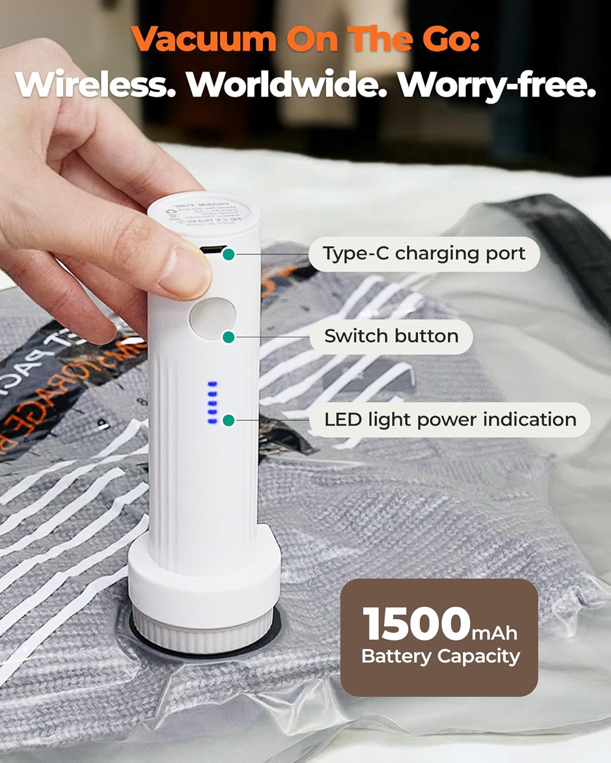 BAGSMART Rechargeable Wireless Pump Travel Storage Bags Set, 15 Pack Portable Space Saver Bags for Travel & Home, Vacuum Compression Seal Bag for Clothing, Blanket, Duvets- 15pcs - Image 2