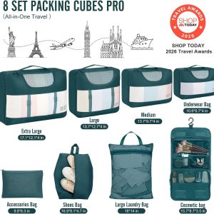 Veken 8 Set Packing Cubes for Travel Essentials, Suitcase Organizer Bags in 4 Sizes, Carry-On Luggage Accessories with Large Laundry & Hanging Toiletry Bag, Must-Have for Airplane, Dark Blue Green
