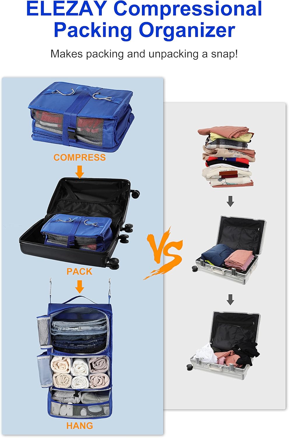 ELEZAY Hanging Packing Cubes Portable Closet 3-Shelf Travel Collapsible Compression Garment Organizer for Carry-on Luggage Suitcase Space Saver Bag X-Large_12*10 * 24 in, Blue - Image 2