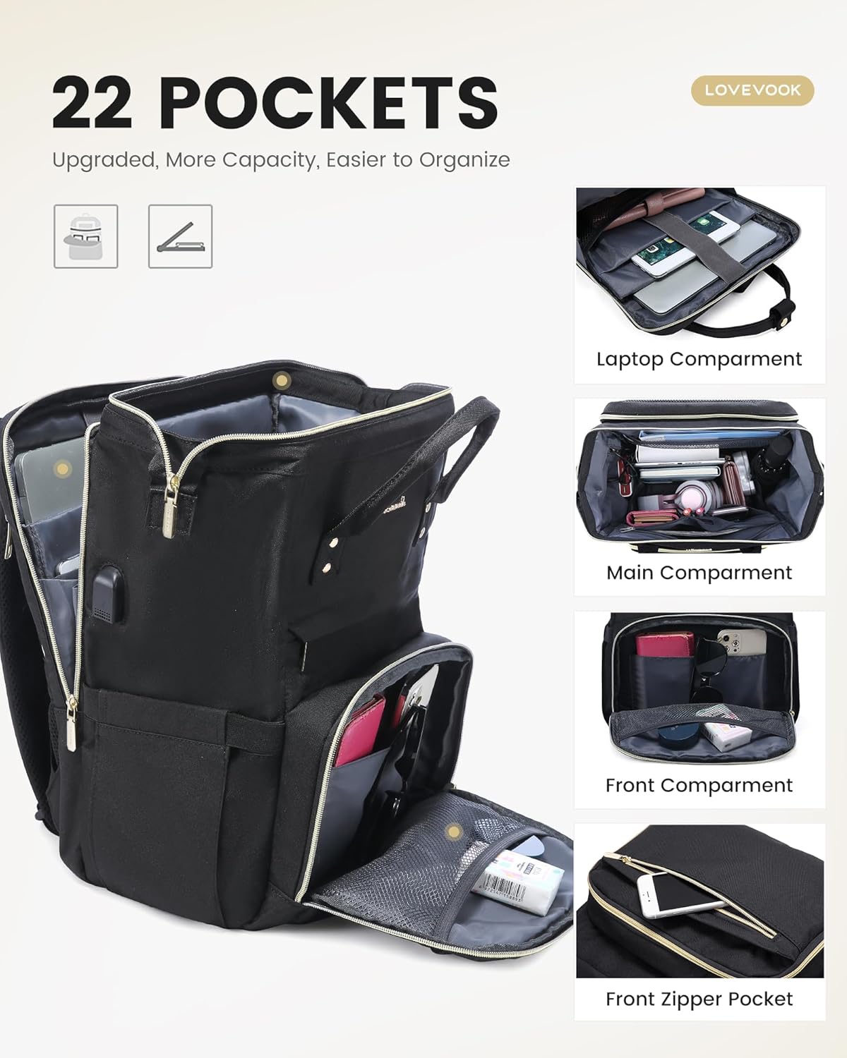 LOVEVOOK Laptop Backpack for Women, Travel with Compartment, Water Resistant Teacher Nurse Backpack, Anti-theft Back Pack Charger Work Doctor, 15.6-Inch, Black - Image 3