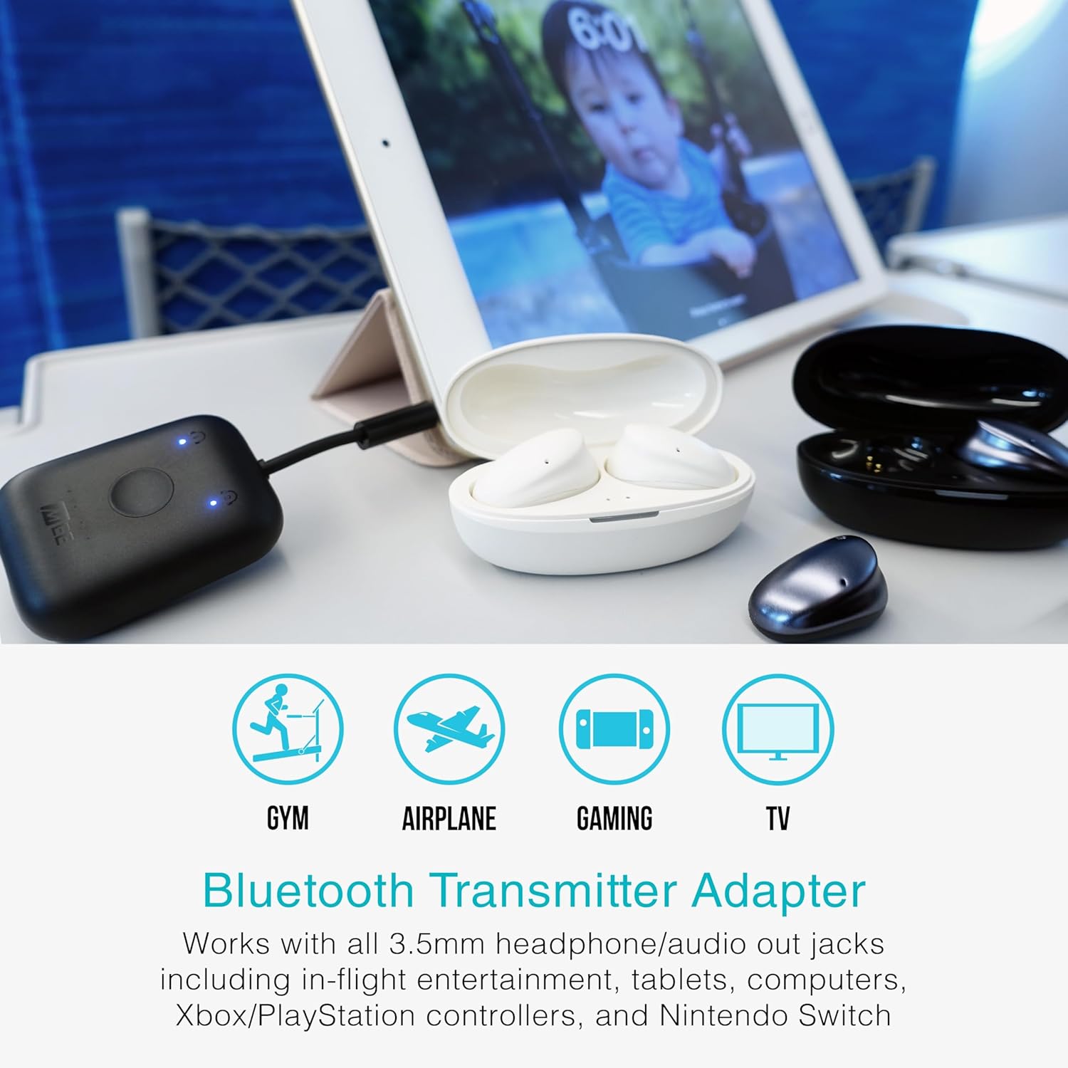 MEE audio Connect Air (2 PACK) in-Flight Bluetooth Wireless Audio Transmitter Adapter for up to 2 AirPods/Other Headphones; Works with All 3.5mm Aux Jacks on Airplanes, Gym, TVs, & Gaming, Black&White - Image 3