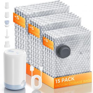 15 Pack Travel Vacuum Bags with Rechargeable Wireless Pump, Clothing Seal Organization Packing Bags, Compression Space Saver Storage for Airplane/Cruise/RV/Camping Carry On Luggage, Suitcase