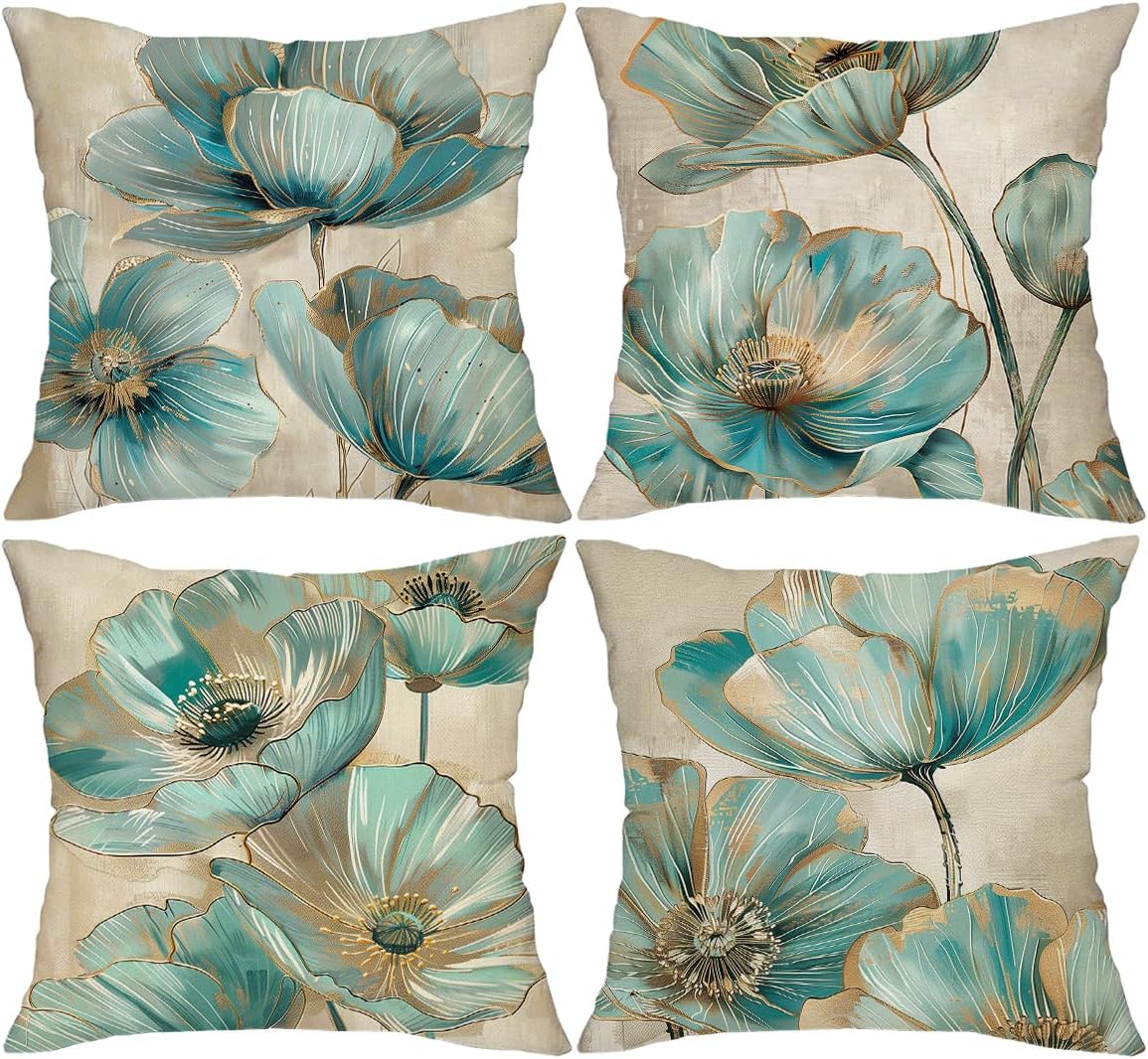 LSMIAO Print Green Poppy Flowers Throw Pillow Covers, Teal Blue Floral Pattern, 18x18 Inch, 100% Polyester, Hidden Zipper, Set of 4, Green Plants Decoration Cushion Covers, Without Pillow Inserts - Image 4