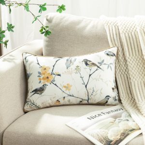 Leeva Grey Bird Printing Throw Pillow Cover, Cozy Modern Rustic Linen Look Pillow Cases with Hidden Zipper, Decorative Lumbar Pillowcases for Room Decor Couch Bedroom, 12 x 20