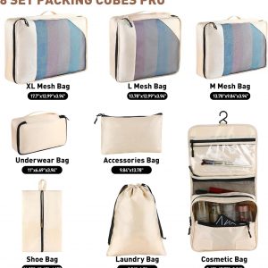 8-Piece Packing Cubes for Travel, Mesh Luggage Organizers with Shoe Bag, Toiletry Bag, Laundry Pouches, 4 Sizes (XL/L/M/S) for Suitcase Organization, Men Women Kids, Beige
