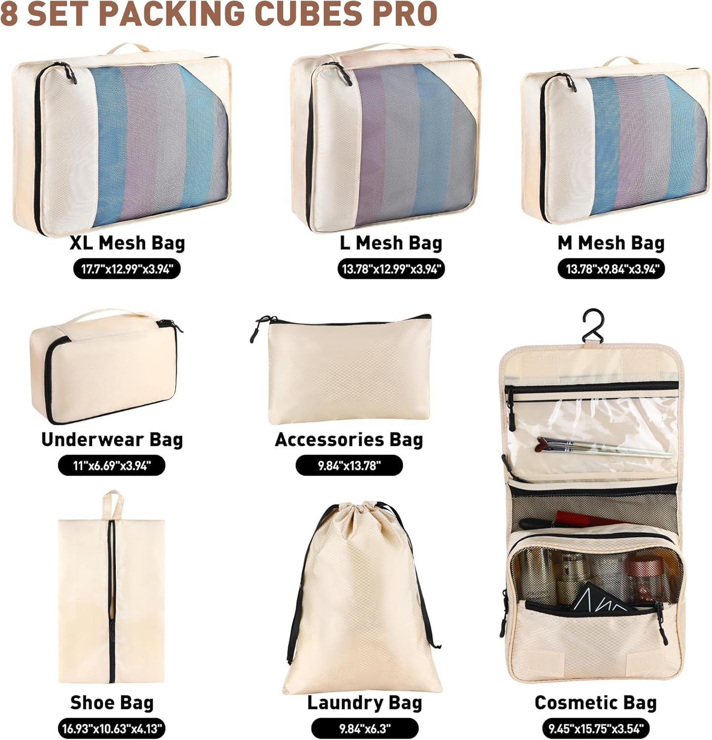 8-Piece Packing Cubes for Travel, Mesh Luggage Organizers with Shoe Bag, Toiletry Bag, Laundry Pouches, 4 Sizes (XL/L/M/S) for Suitcase Organization, Men Women Kids, Beige - Image 2