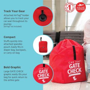 J.L. Childress Gate Check Bag for Car Seats – Travel Bag for Airplane, Fits All Baby & Infant Car Seats, Airport Accessories for Gate Check, Flying Essentials, AirTag Compatible – Red