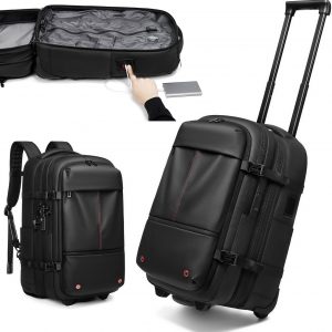 Vacuum Rolling Backpack with Vacuum System, Built-in Pump and Charging Port, Carry On Luggage with Vacuum Seal Bag, Wheels, Travel Suitcase with Vacuum Compression Bag for 17″ Laptop