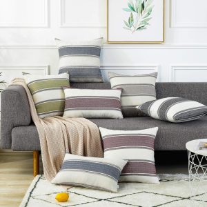 AmHoo Pack of 2 Farmhouse Linen Throw Pillow Cover Cushion Stripe Decoration Buffalo Retro Pillowcase with Hidden Zipper for Sofa Bedroom Car 12 x 20 Inch Blue