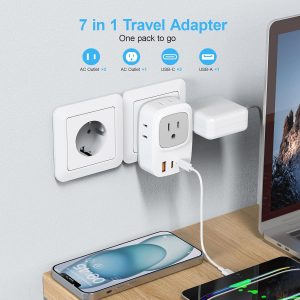 European Travel E F Plug Adapter, International Power Adapter with 4 AC Outlets 3 USB Charging Ports, Type C Outlet Adaptor Charger for US to EU Most of Europe EU Iceland Spain Italy France Germany