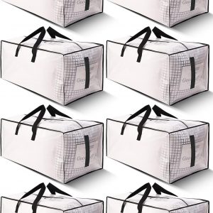 8 Pack Large Strong Moving Bags with Zippers & Carrying Handles – Water-Resistant – Heavy Duty Storage Tote for Space Saving, Fold Flat, Alternative to Moving Box (Semi-Transparent)