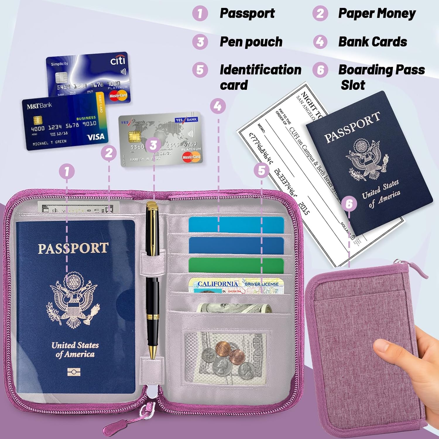 Passport Holder for Travel Essentials, RFID Blocking Protector Passport Wallets, Passport Document Organizer Case for Travel Must Have, Passport Book for Women, Couple, Family Cards, Tickets, ID, Cash - Image 6