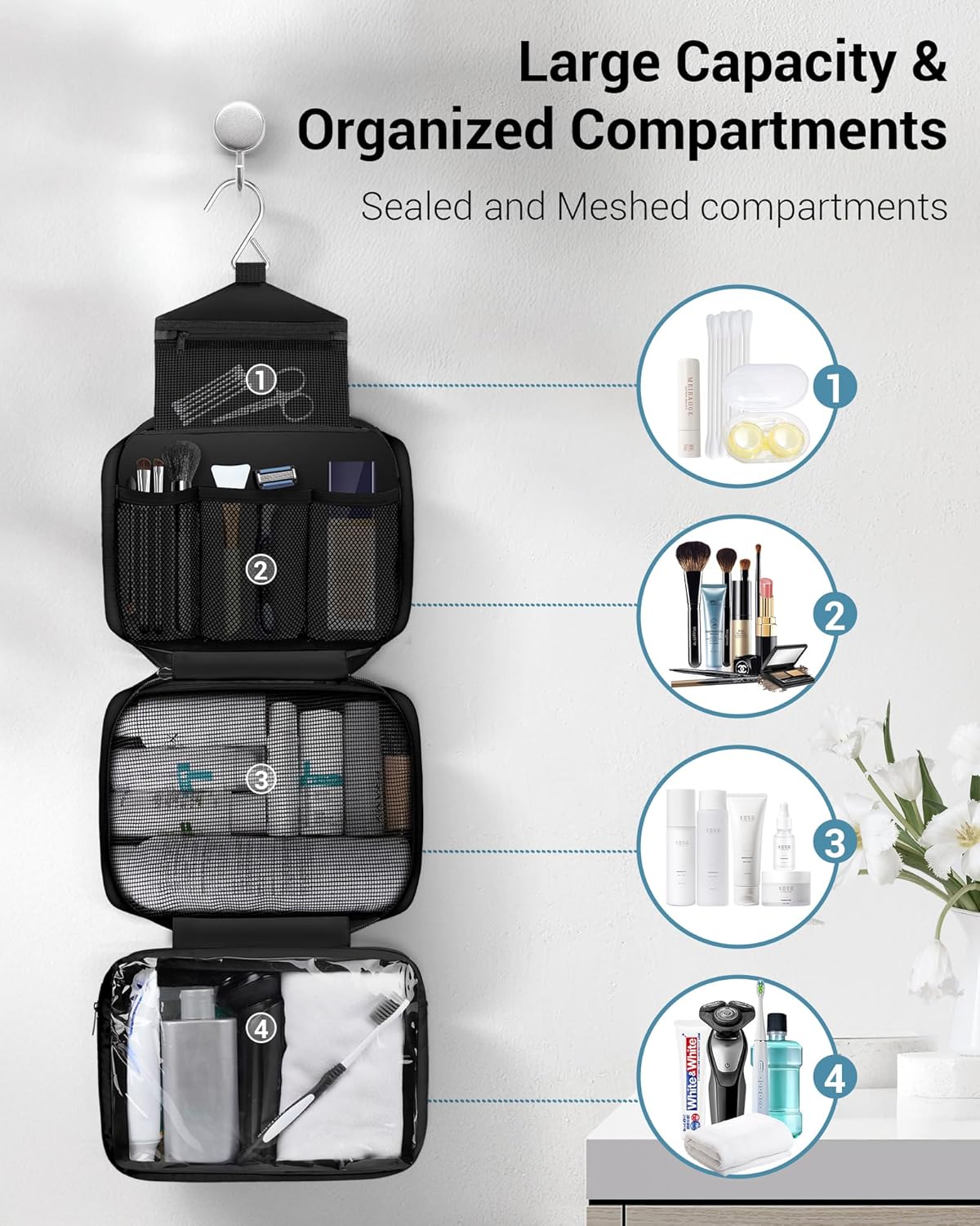 Maliton Toiletry Bag for Men & Women Travel Toiletry Bag Hanging Toiletry Bag Hygiene Organizer with 4 Compartments Waterproof Bathroom Shower Bag Large Toiletries Travel Bag(Black) - Image 2