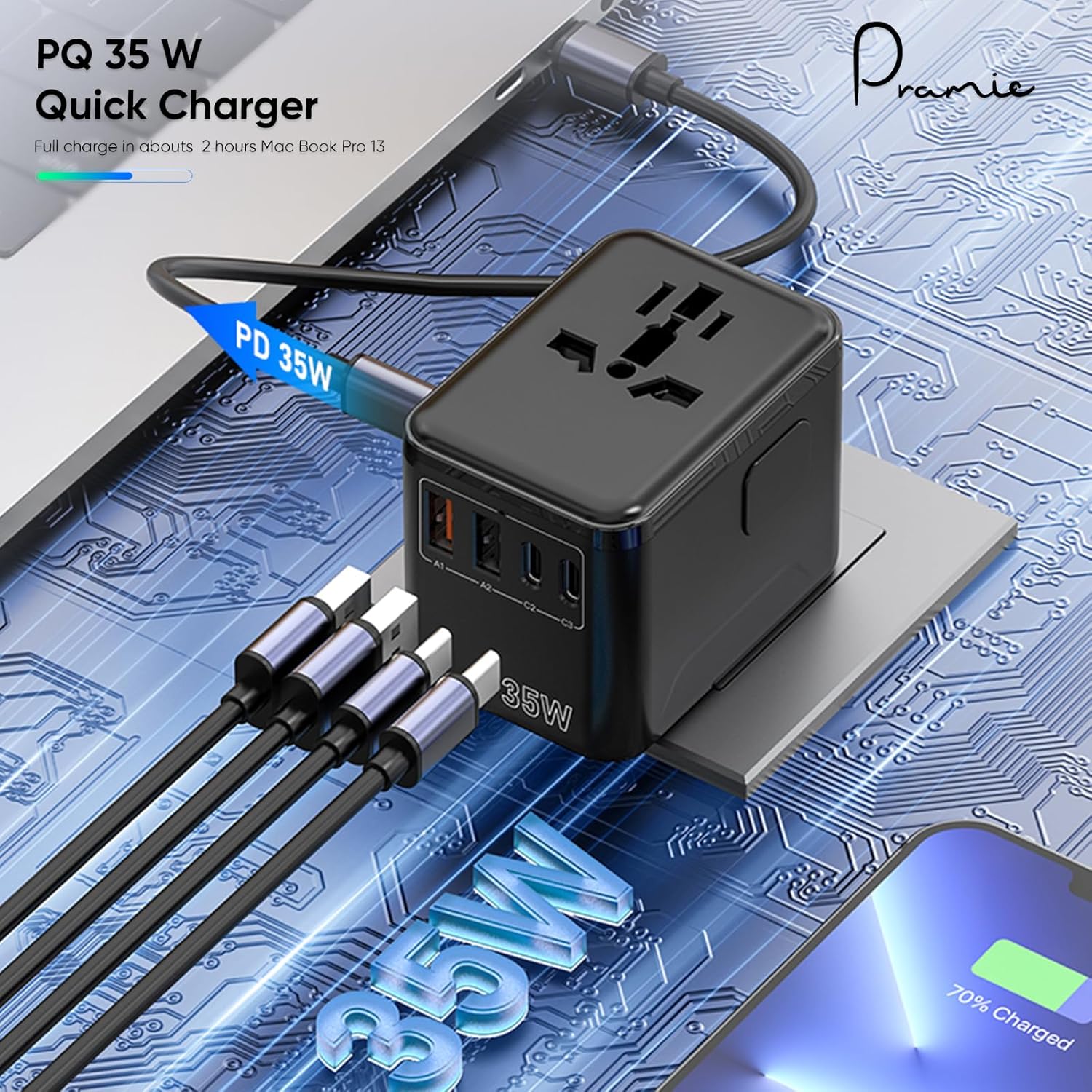 Universal Travel Adapter, GaN 35W International Plug Adapter with 2 Type C & 2 USB and 1 Quick Charging Port Type C, All in One Worldwide Travel Plug Adapter, Available Plugs for EU/UK/AUS/US, Black - Image 6