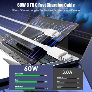 3-Pack [3.3FT+6.6FT+10FT] 60W USB C to USB C Cable, Type C to Type C Cable,Fast Charging Cable for iPhone 17 16 15 Pro Plus Pro Max Air，for Galaxy S25, for iPad, for MacBook and More