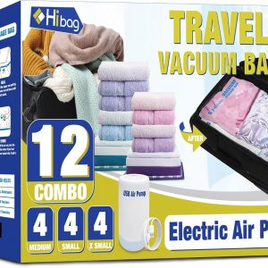 HIBAG Travel Vacuum Bags with Electric Pump for Luggage and Suitcase, Vacuum Seal Compression Packing Bags for Clothes Clothing, Combo 12 Pack