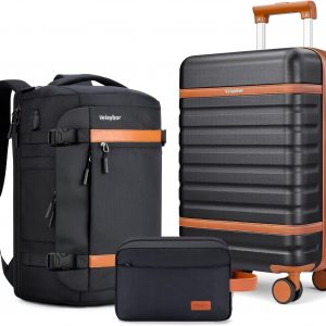 Luggage Sets 3 Piece with Spinner Wheels, Lightweight PC Hardside Suitcase with TSA Lock & YKK Zippers, 20 Inch Carry On Luggage with Travel Bag for Men and Women, Black