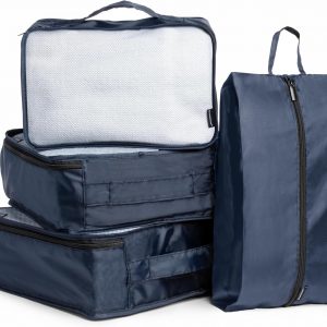 Brookstone 4-Piece Packing Cube Set Apparel Luggage Organizer and Shoe Bag, Travel Essentials, Navy