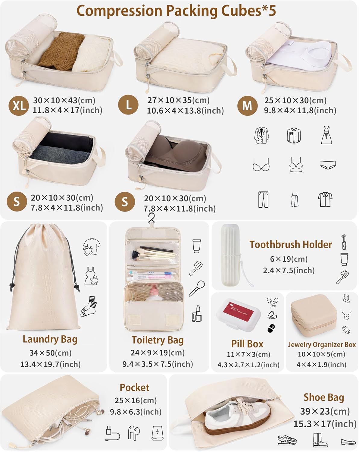 Compression Packing Cubes 12 Set, Suitcase Organizers, Extendable Packing Cubes, Luggage Organizer Bags, Travel Essentials, Beige - Image 2