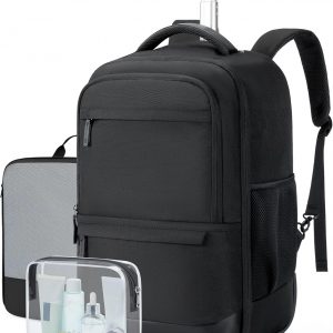 BAGSMART Rolling Travel Backpack, Water-Resistant Travel Laptop Backpacks with Wheels for Adults, 17 Inch Large Roller College Backpack Luggage Carry on with 2 Packing Cubes, Black