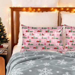 Christmas Satin Pillowcase for Hair and Skin, Truck Trees Soft Satin Pillow Cover with Hidden Zipper, Queen Size 20×30 Inch Cooling Pillow Covers Silky Pillowcases for Bedroom Sofa Xmas Decoration