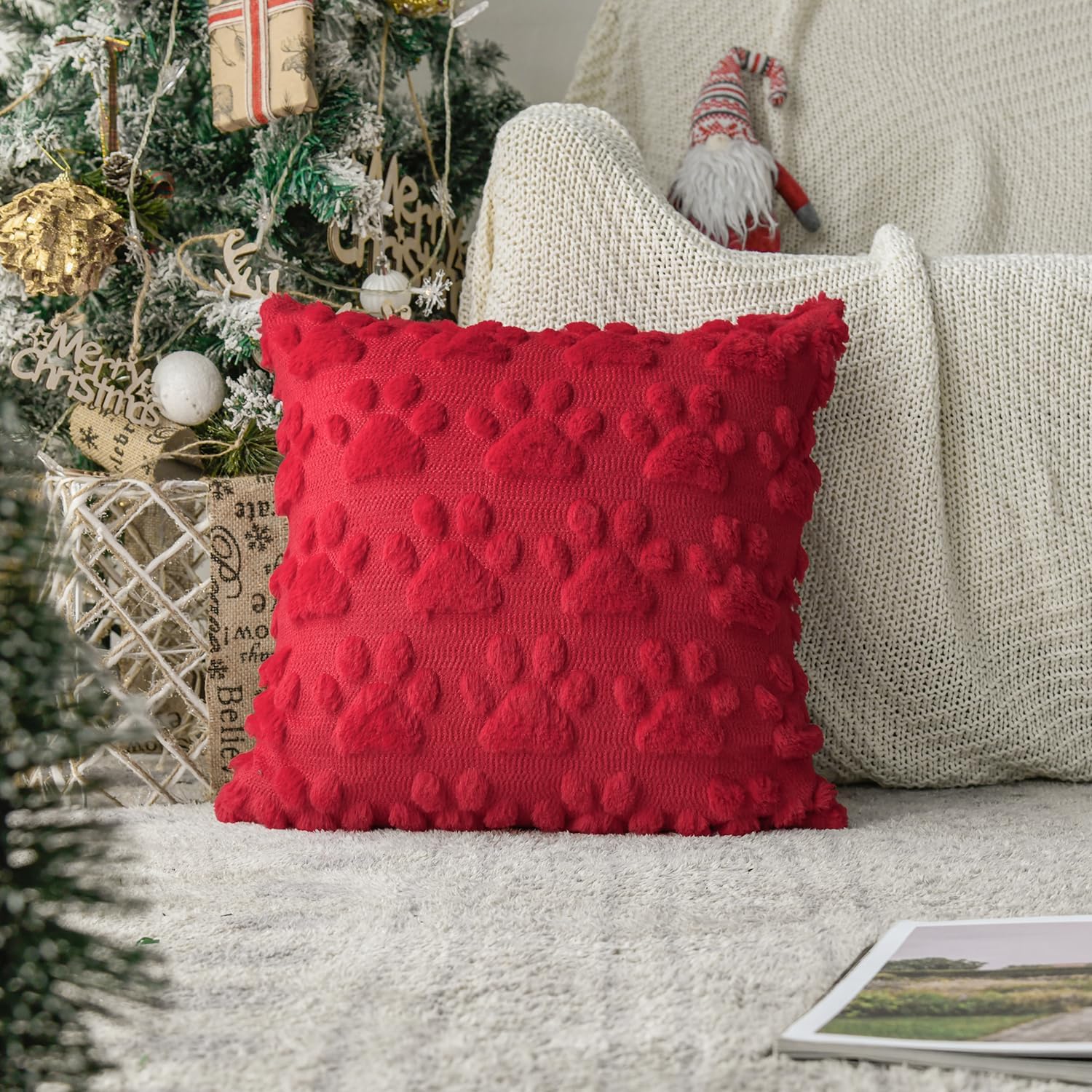AVOIN colorlife Christmas Pet Dog Paws Throw Pillow Covers, 18 x 18 Inch Red Green Xmas Soft Plush Faux Fur Jacquard Cushion Case Farmhouse Decoration for Sofa Couch Set of 2 - Image 5