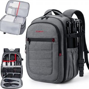 BAGSMART Camera Backpack, Expandable DSLR SLR Camera Bags for Photographers, Photography Travel Backpack with 15.6″ Laptop Compartment, Rain Cover & Tripod Holder, Grey