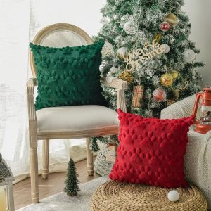 AVOIN colorlife Christmas Pet Dog Paws Throw Pillow Covers, 18 x 18 Inch Red Green Xmas Soft Plush Faux Fur Jacquard Cushion Case Farmhouse Decoration for Sofa Couch Set of 2
