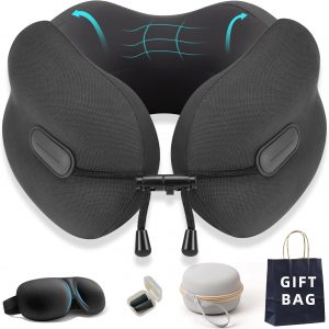 Ergonomic Travel Neck Pillow for Airplane, Memory Foam Support for Long Haul Flight Headrest, Soft Compact U Shaped for Adult Men Plane Sleeping, Portable Carry Box, Eyemask, Earplugs, Size L