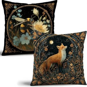 YOU FOUND ME William Morris Inspired Fox & Bee Pillow Cover 18×18 Inches(Set of 2) – Vintage Floral Art Throw Pillowcase – Farmhouse Decor for Couch, Sofa, Bed – Living Room Home Decor Gift (Fox&Bee)