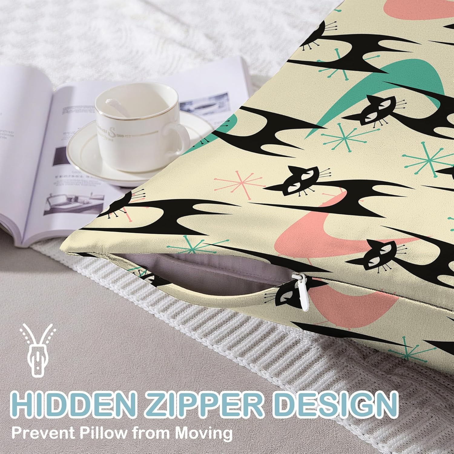 1 Pack Satin Pillowcase for Hair and Skin Mid Century Colorful Modern Cat Imitation Silk Pillowcase 20" x 30" with Hidden Zipper Soft Smooth Cooling Pillow Cover Queen Size for Bedroom Sofa - Image 4