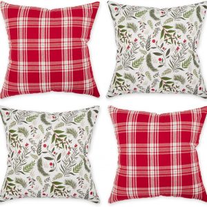 DII Christmas Throw Pillow Cover Collection Decorative Cotton Set, Machine Washable, Hidden Zipper, 18×18, Holiday Sprig & Plaid, 4 Piece