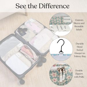 Foxy Traveler 9 Set Packing Cubes – Suitcase Organizer, Cute Packing Cubes, Travel Bags Organizer for Luggage with Hanging Toiletry and Shoe Bag, Travel Essentials for Women, Men and Kids -Blue Flower